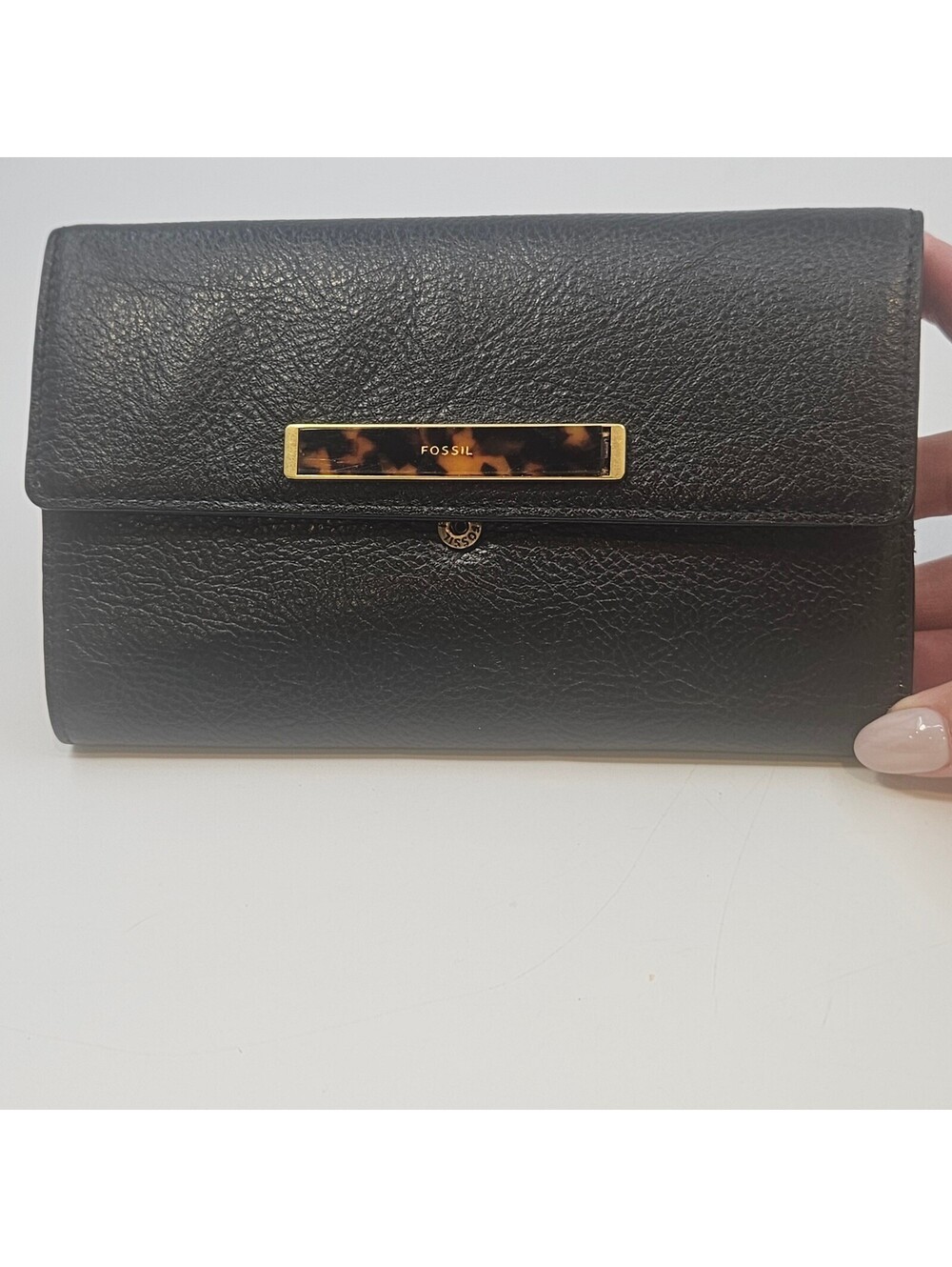 Fossil Black Pebble Faux Leather Clutch Wallet Coin Zip Tortoiseshell Gold Tone